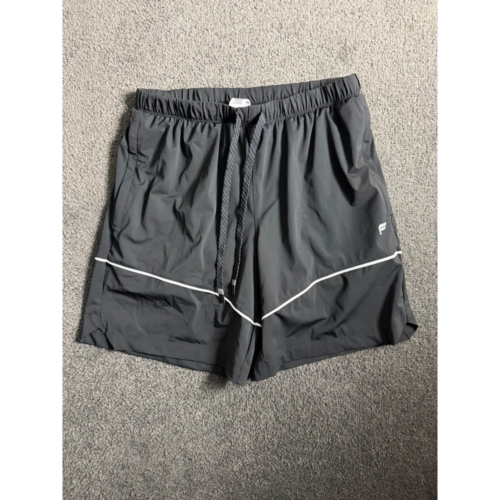 Fabletics Mens Medium Charcoal Grey Athletic Training Shorts White Piping Logo